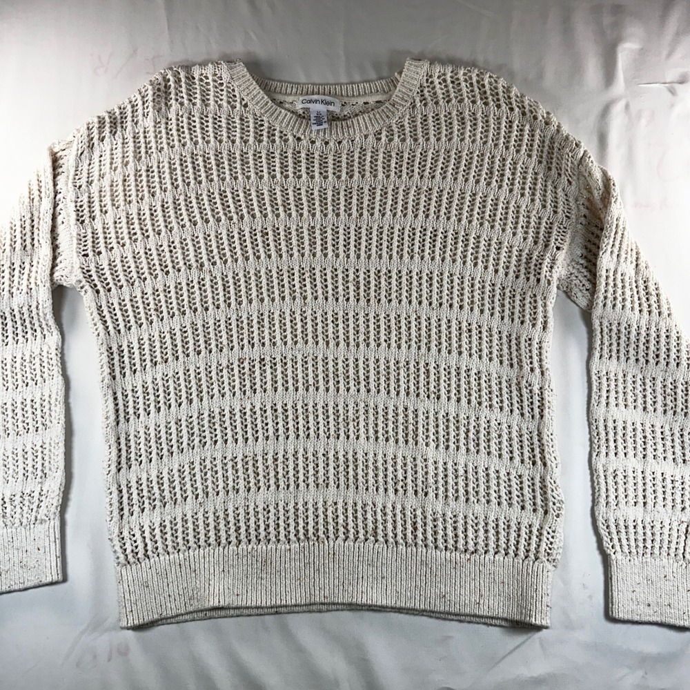 Calvin Klein Womens Cream Open Knit Cotton Sweater Pullover Large M4BS0764